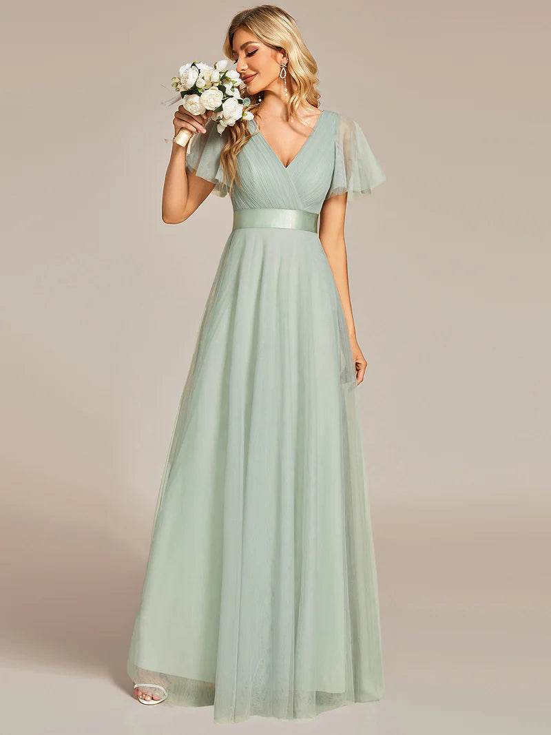 Elegant V-Neck A-Line Bridesmaid Dress – Floor-Length Gown - Biamonde